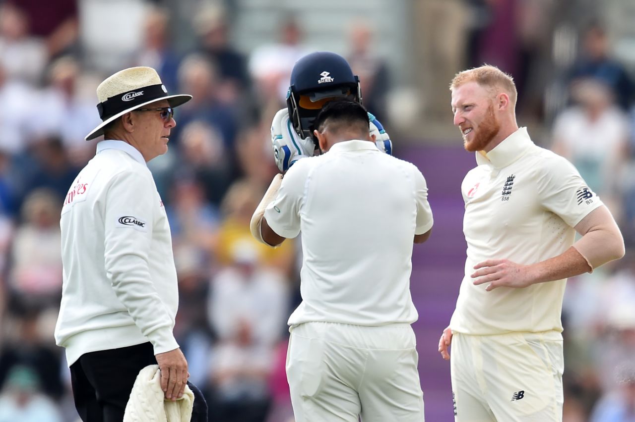 Ben Stokes checks on Cheteshwar Pujara after hitting him on the helmet with a short ball, England v India, 4th Test, Southampton, 2nd day, August 31, 2018