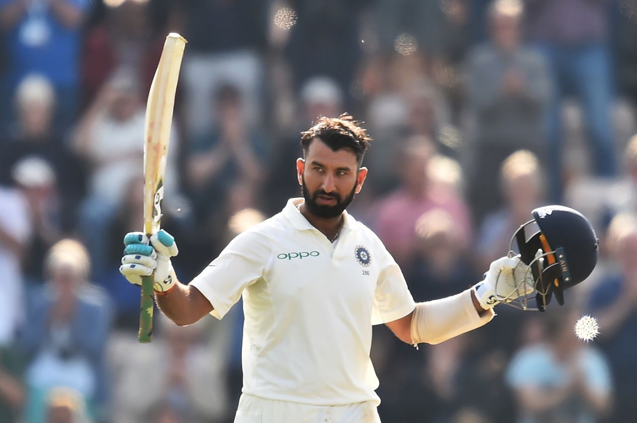 Cheteshwar Pujara celebrates his 15th Test hundred, England v India, 4th Test, Southampton, 2nd day, August 31, 2018