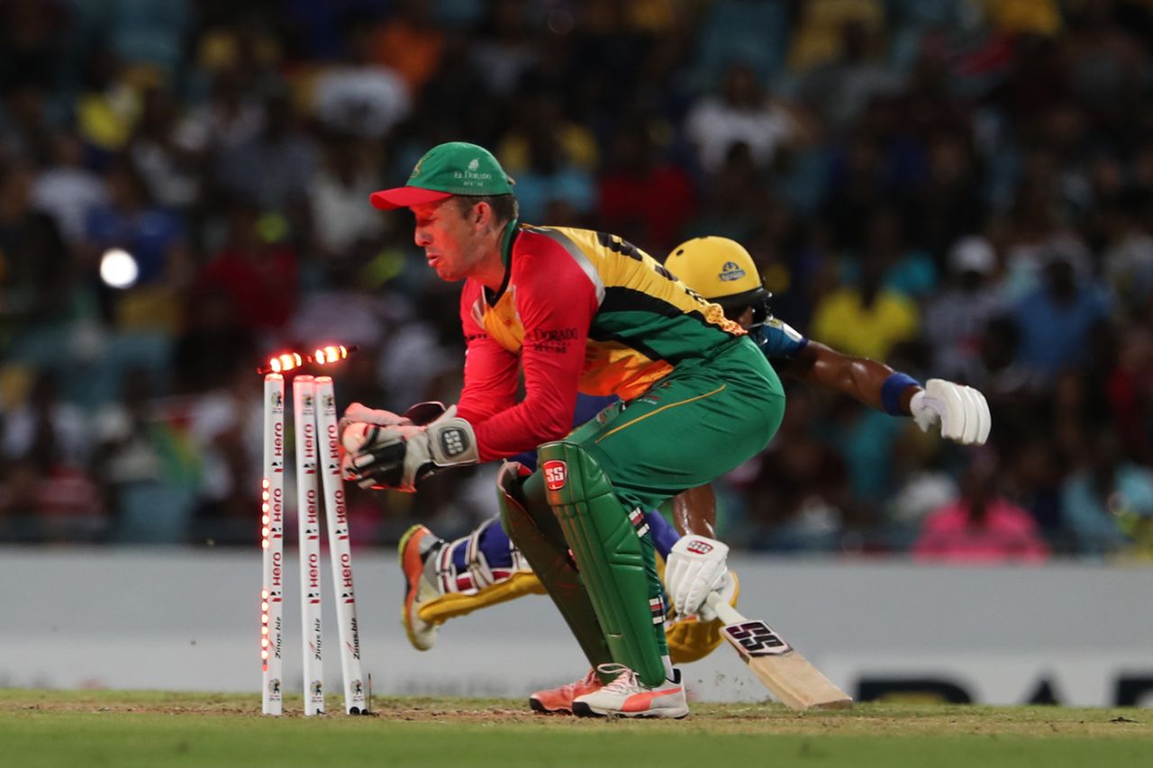 Luke Ronchi whips off the bails to catch Shai Hope short of his crease, Barbados Tridents v Guyana Amazon Warriors, CPL 2018, Bridgetown, August 31, 2018