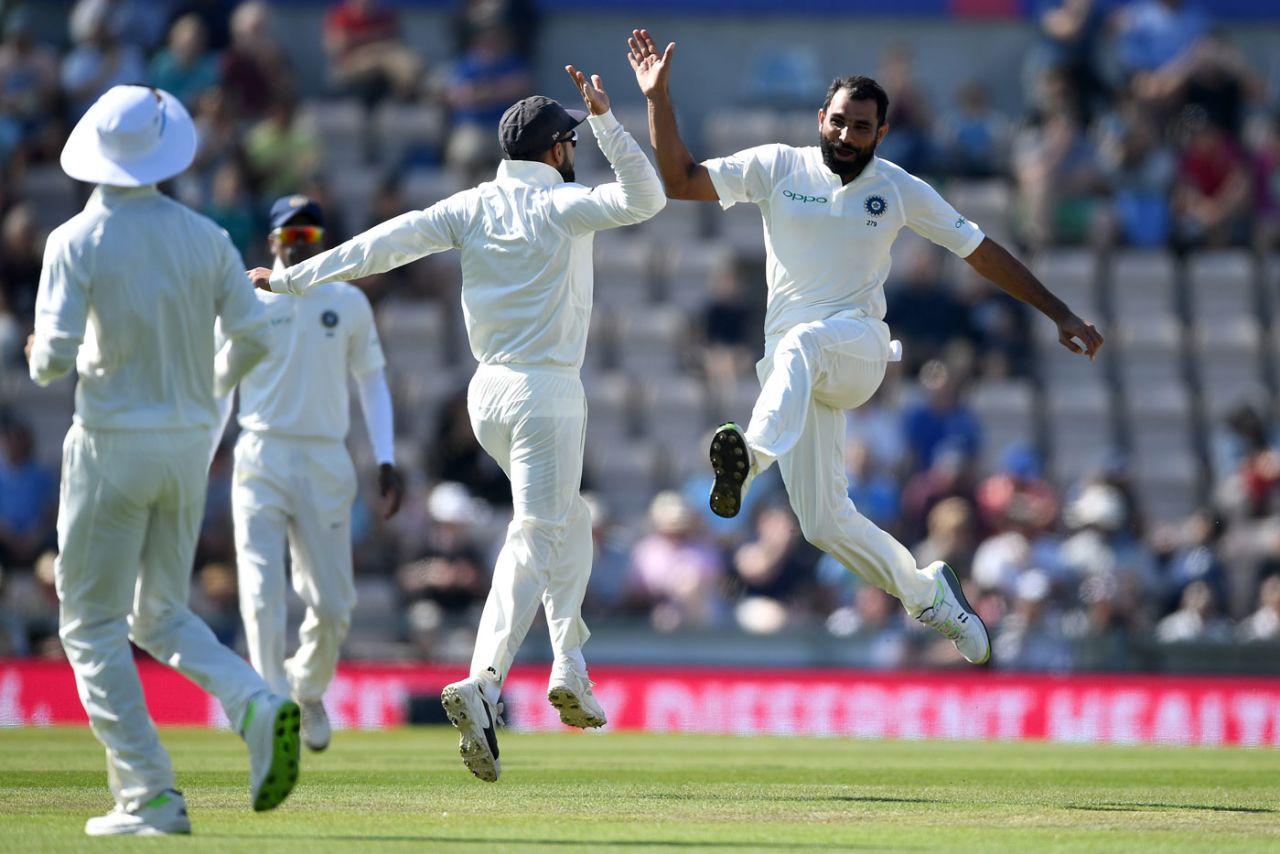 Mohammed Shami leaps in delight after striking with the first ball of the day, England v India, 4th Test, 4th day, Ageas Bowl, September 2, 2018