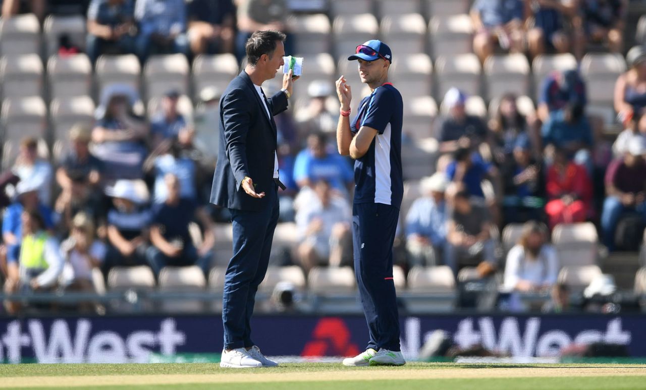 Michael Vaughan chats to Joe Root before play, England v India, 4th Test, Southampton, 4th day, September 2, 2018