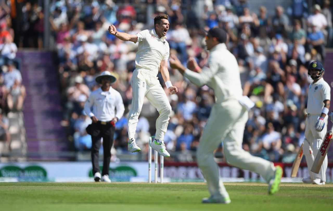 James Anderson jumps in celebration of a wicket, England v India, 4th Test, Ageas Bowl, 4th day, September 2, 2018