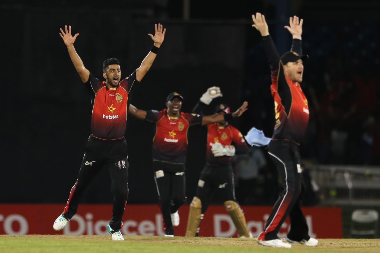 Ali Khan gets strong support from his team-mates for an lbw shout, Trinbago Knight Riders v St Kitts and Nevis Patriots, CPL 2018, Port of Spain, August 11, 2018