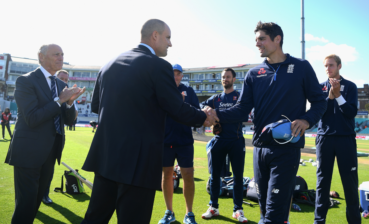 Alastair Cook receives a commemorative cap to mark his final Test appearance, England v India, The Oval, London, September 7, 2018