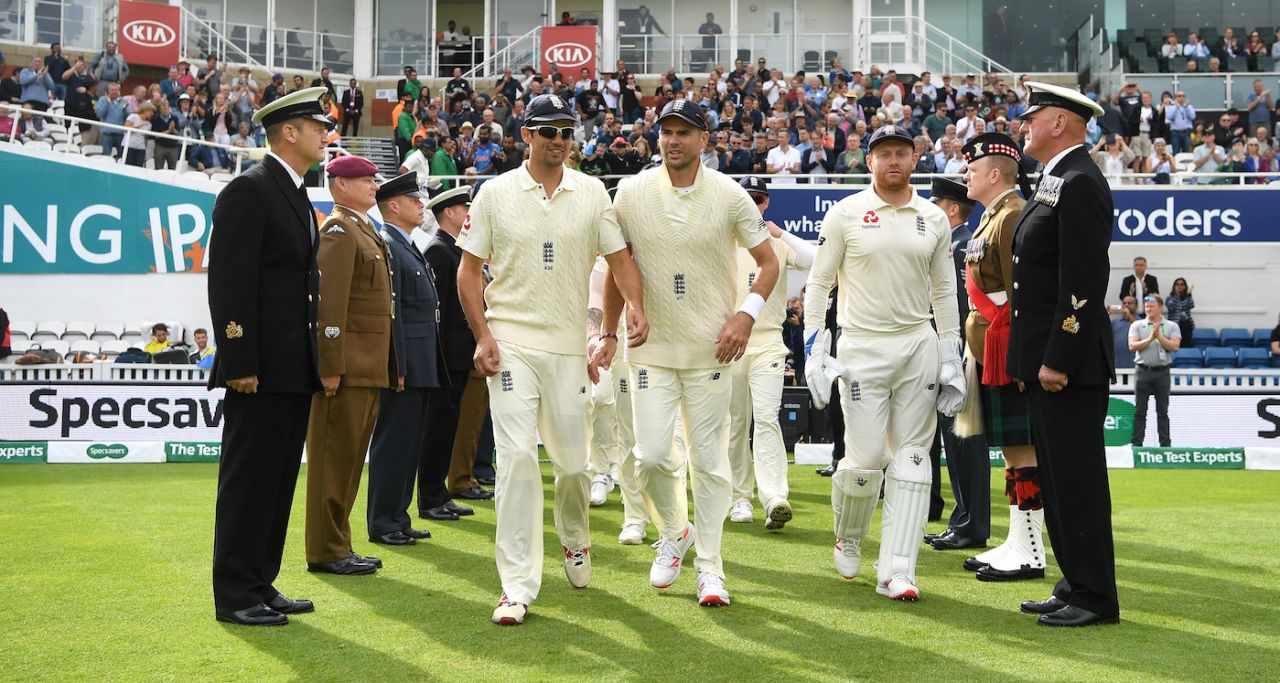 Alastair Cook, James Anderson and Jonny Bairstow walk on to the field, England v India, 5th Test, The Oval, 3rd day, September 9, 2018