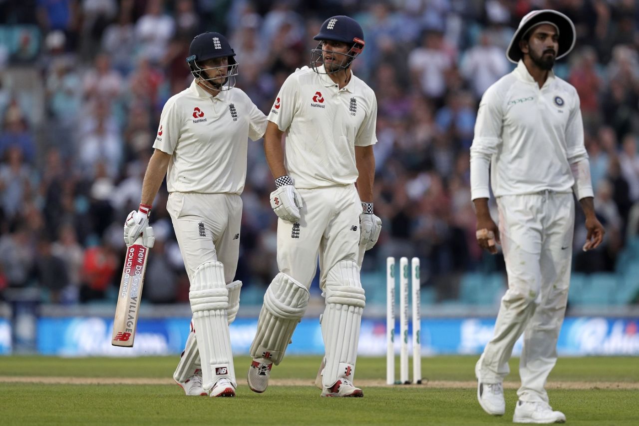 Joe Root and Alastair Cook walk off the park at stumps, England v India, 5th Test, The Oval, 3rd day, September 9, 2018