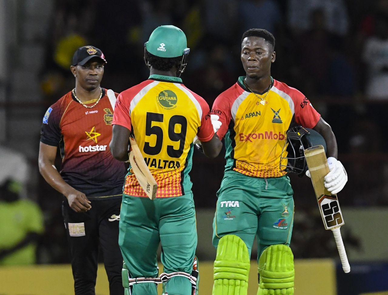 Sherfane Rutherford and Chadwick Walton soak in the victory, Guyana Amazon Warriors v Trinbago Knight Riders, CPL 2018, Providence, September 9, 2018