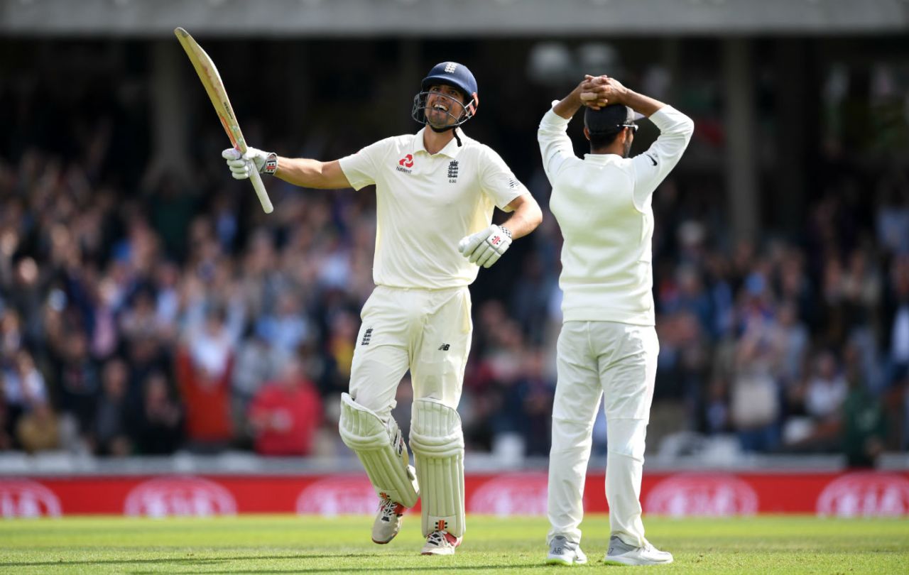 Alastair Cook celebrates a century in his final Test innings, England v India, 5th Test, The Oval, 4th day, September 10, 2018
