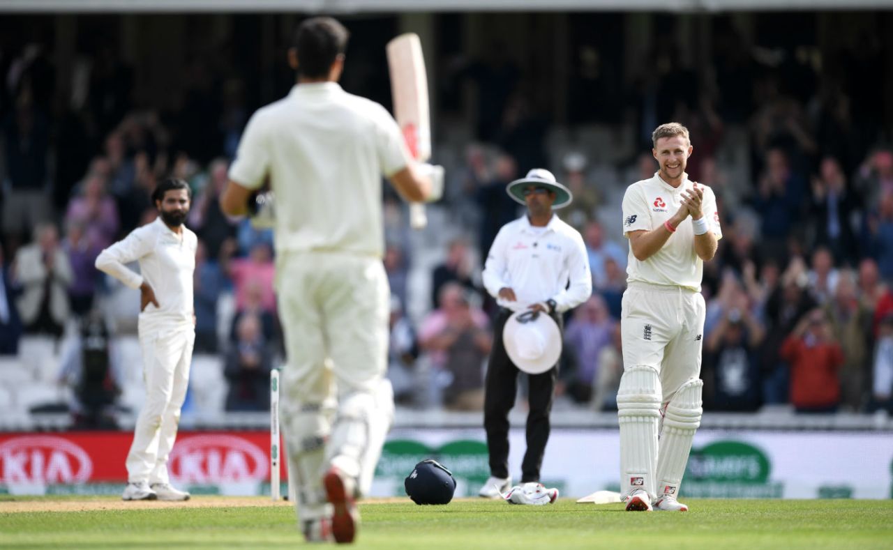 Joe Root doffs his hat to his former captain Alastair Cook, England v India, 5th Test, The Oval, 4th day, September 10, 2018