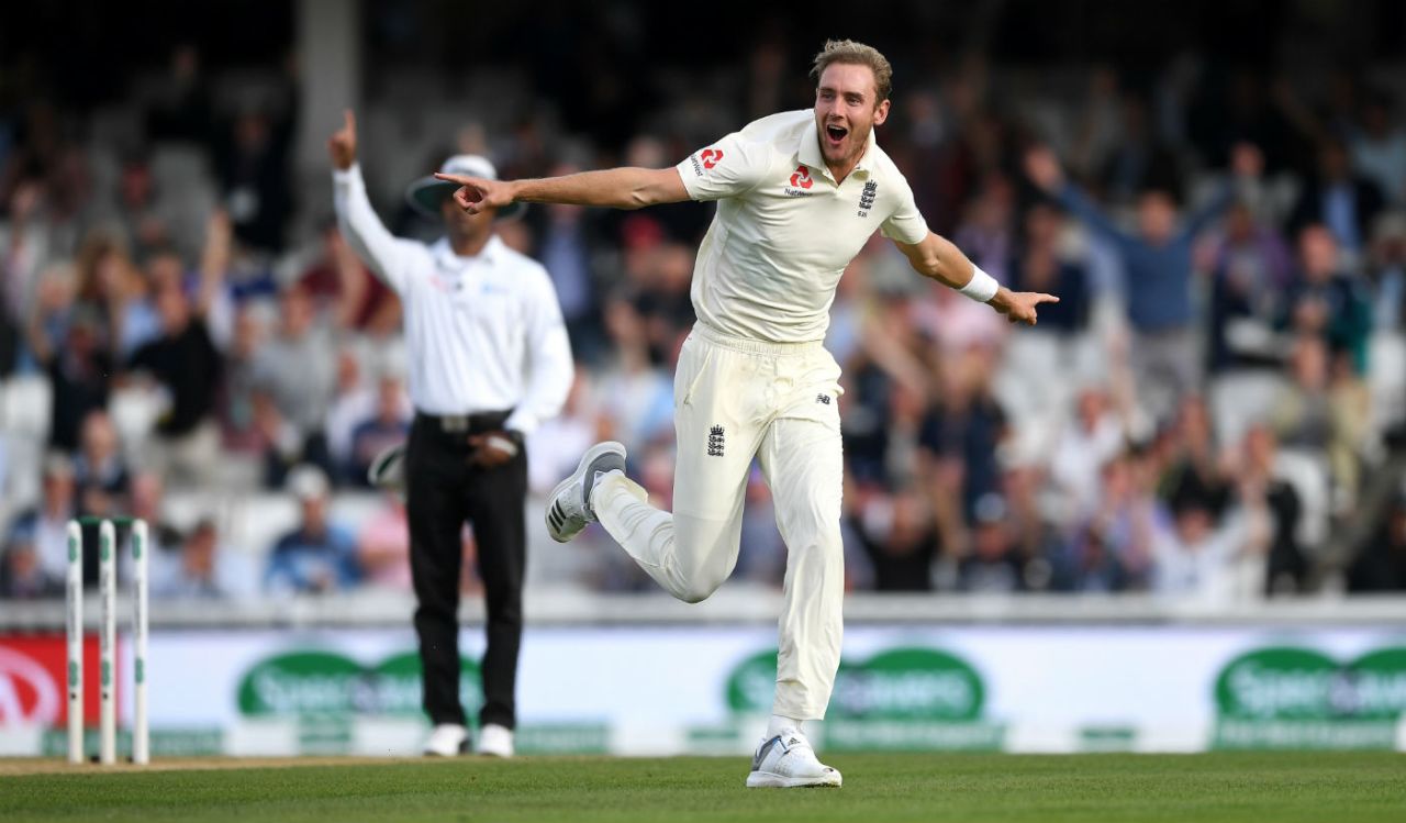 Stuart Broad celebrates after dismissing Virat Kohli for a golden duck, England v India, 5th Test, The Oval, September 10, 2018