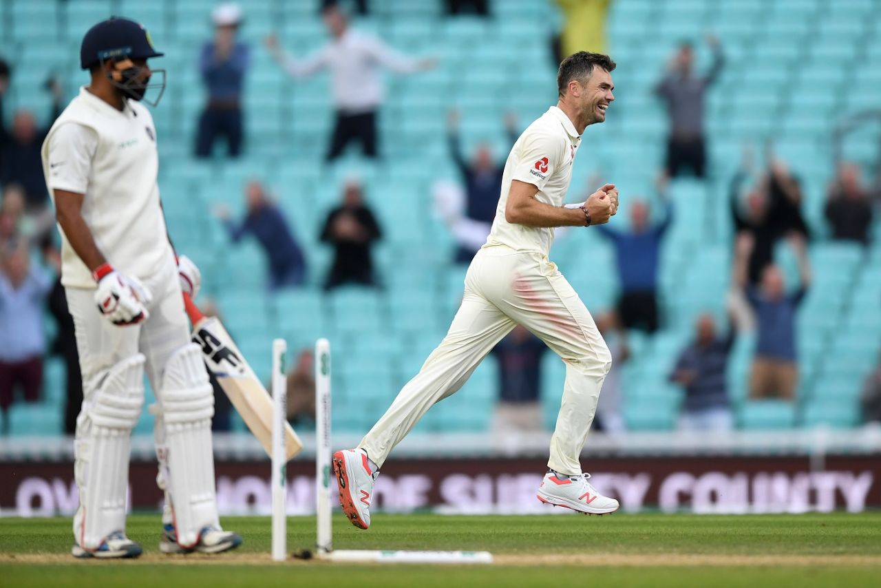 James Anderson uproots the middle-stump, England v India, 5th Test, The Oval, 5th day, September 11, 2018