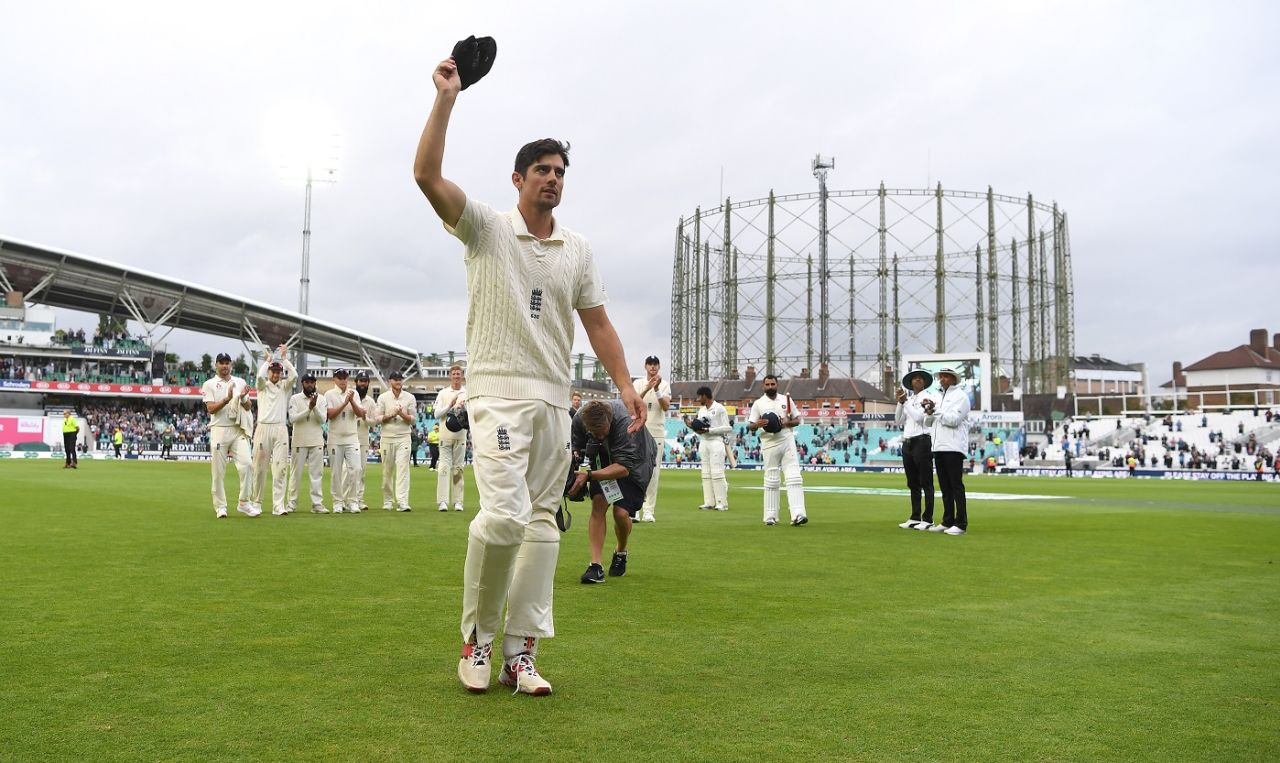 Alastair Cook leads the players off the field at the end of his final Test, England v India, 5th Test, The Oval, 5th day, September 11, 2018