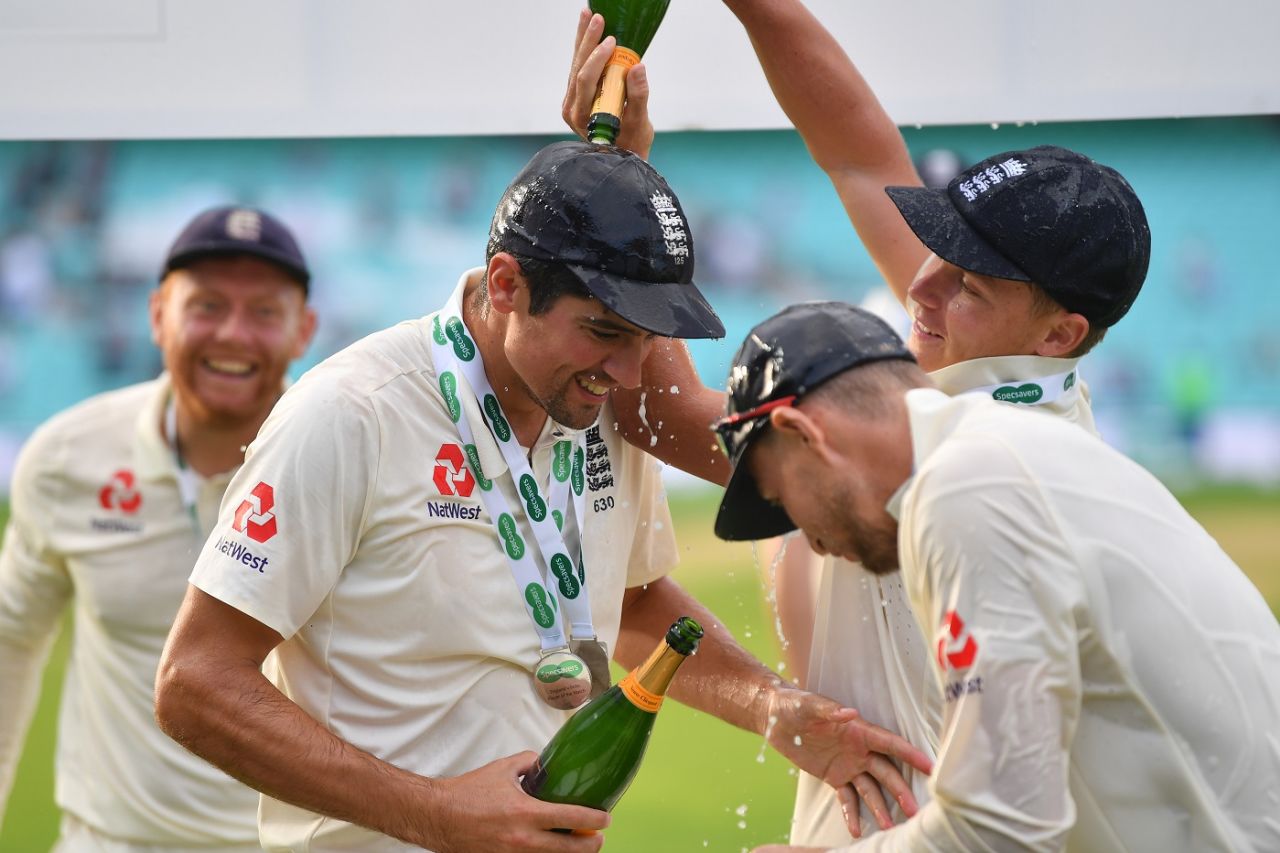 England players pour champagne on Alastair Cook, England v India, 5th Test, The Oval, 5th day, September 11, 2018