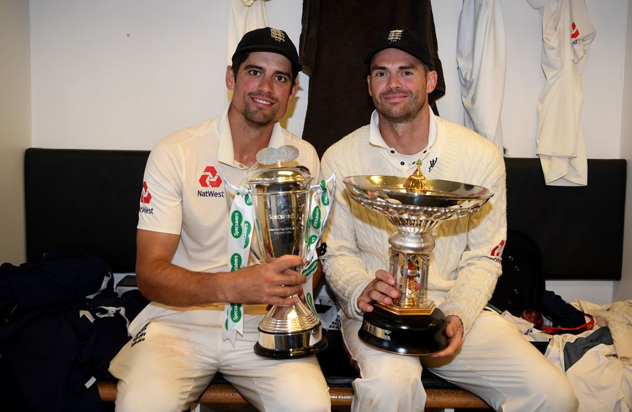 Alastair Cook and James Anderson pose with the series trophies after England's 4-1 win over India, England v India, 5th Test, The Oval, 5th day, September 11, 2018