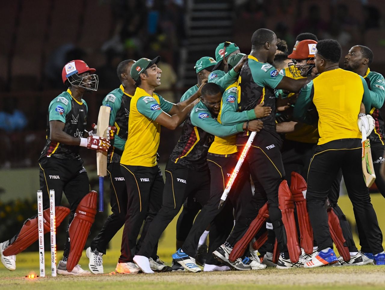 St Kitts and Nevis Patriots celebrate their win in the eliminator, Jamaica Tallawahs v St Kitts and Nevis Patriots, CPL 2018, Providence, September 12, 2018
