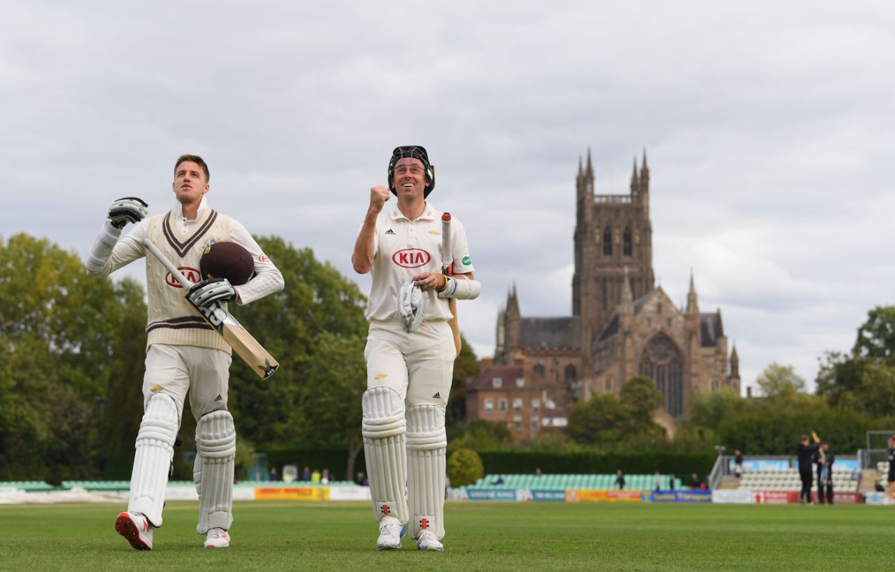 Morne Morkel and Rikki Clarke walk off after sealing the win that made Surrey champions, Worcestershire v Surrey, County Championship, Division One, New Road, September 13, 2018