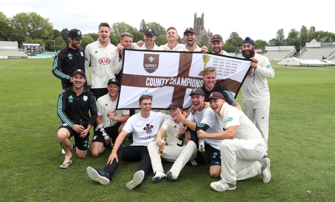 Surrey's players celebrate winning the Division One title, Worcestershire v Surrey, County Championship, Division One, New Road, September 13, 2018