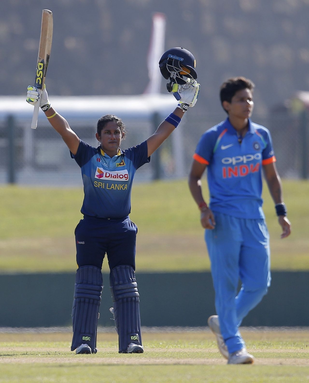 Chamari Atapattu raises her bat after reaching a half-century, Sri Lanka women v India women, 2nd ODI, Galle, September 13, 2018
