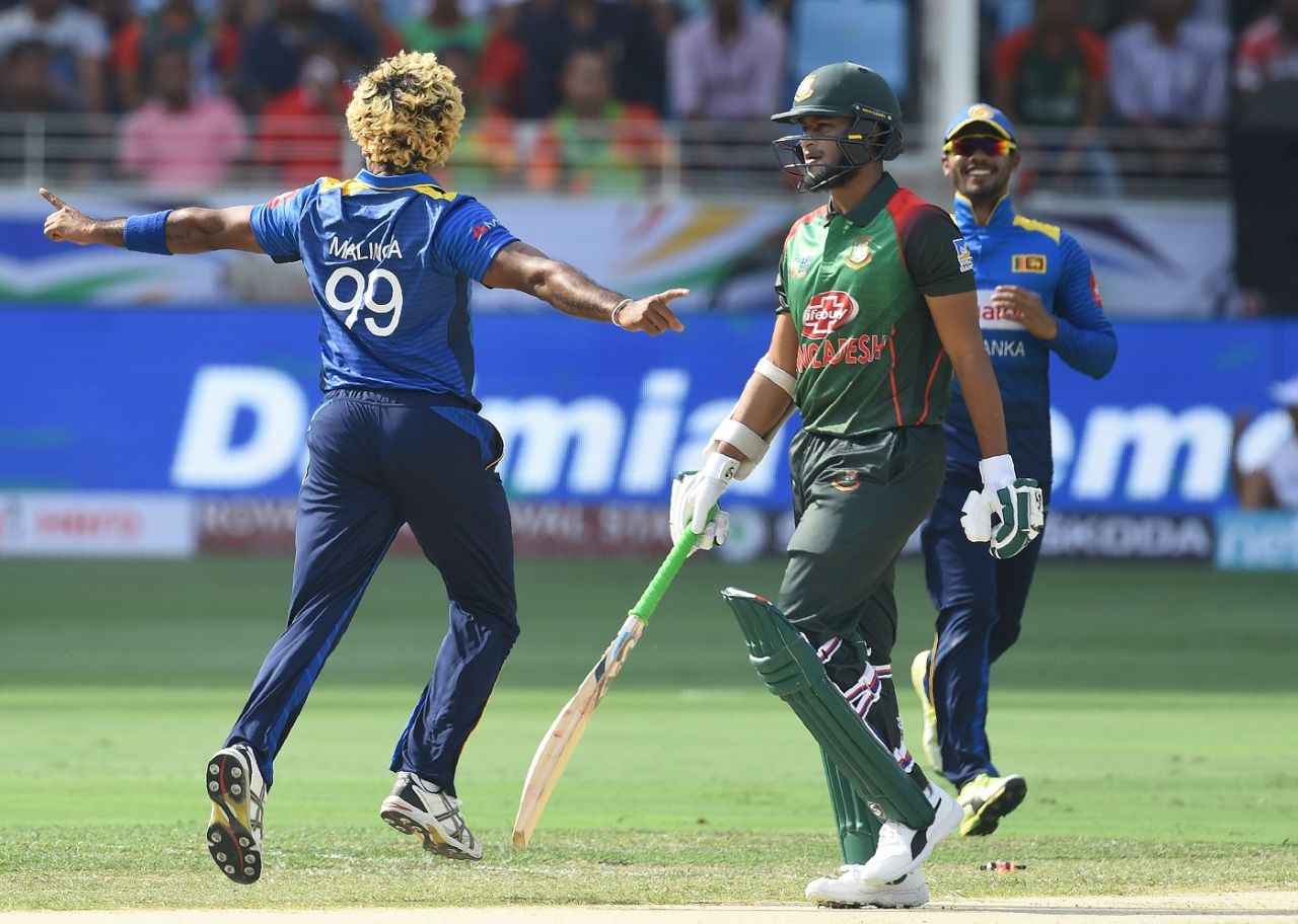 Lasith Malinga celebrates Shakib Al Hasan's dismissal, Sri Lanka v Bangladesh, Asia Cup 2018, Dubai, September 15, 2018