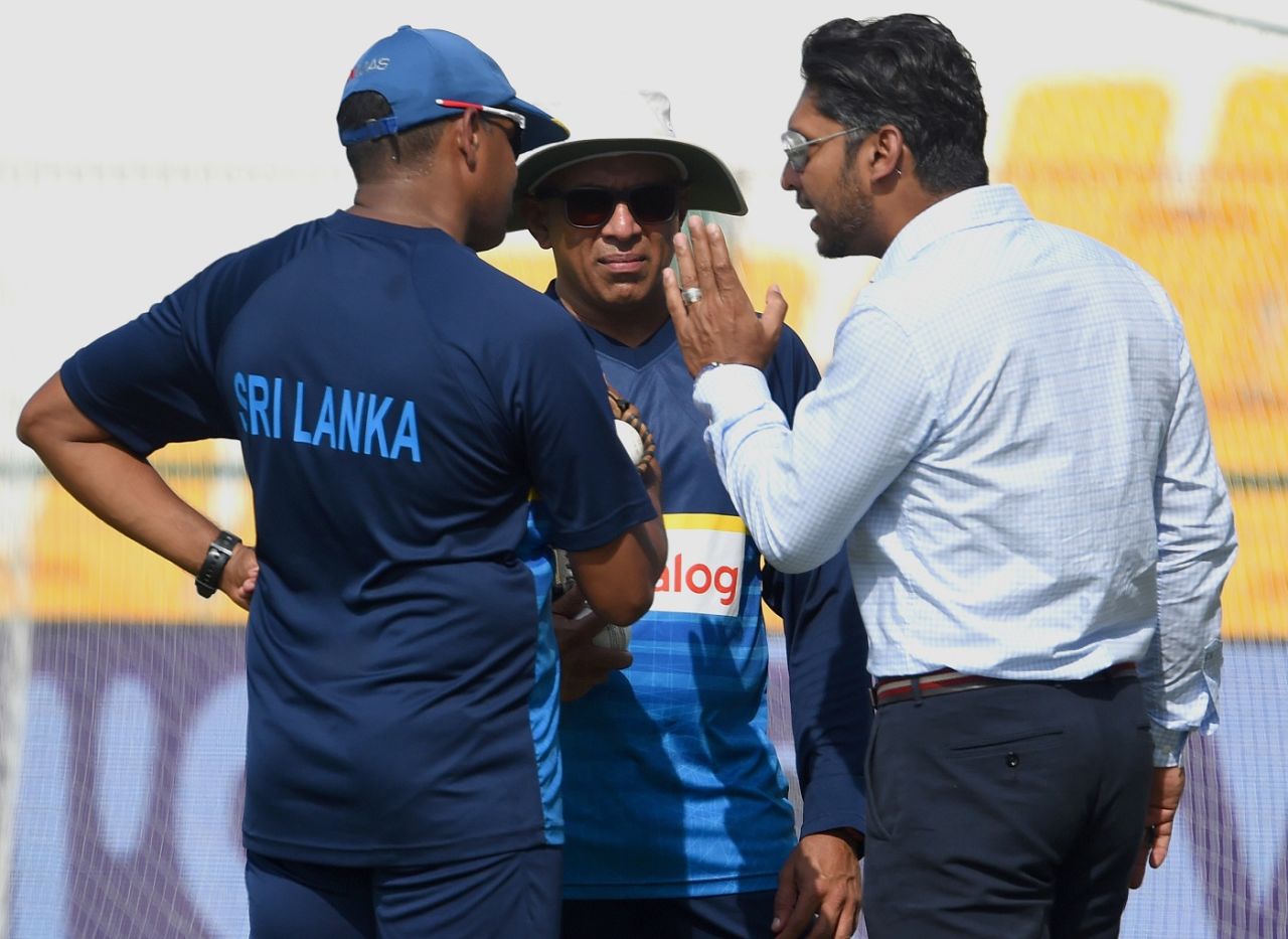 Kumar Sangakkara chats with the Sri Lanka support staff, Afghanistan v Sri Lanka, 3rd ODI, Group B, Asia Cup, September 17, 2018