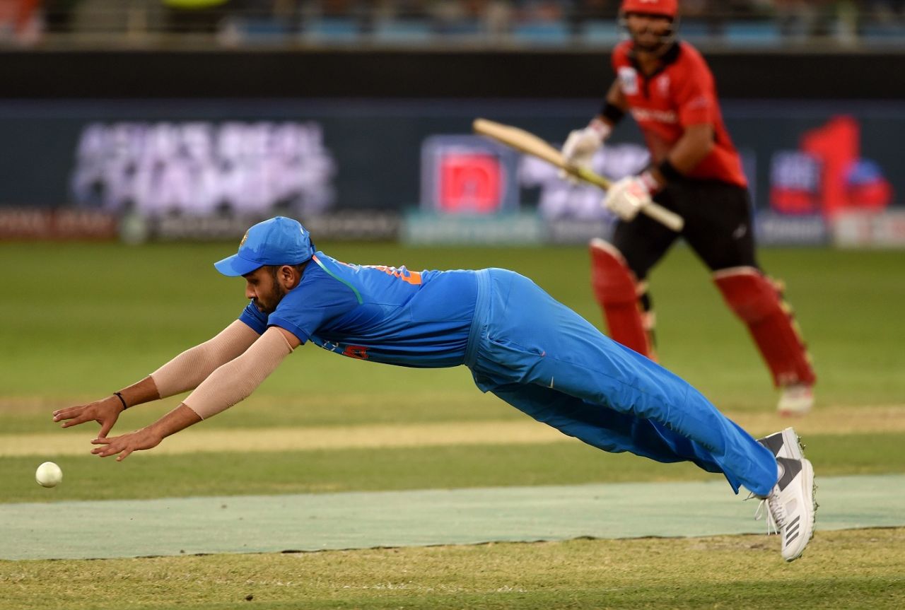 Rohit Sharma dives in an attempt to stop the ball, India v Hong Kong, Asia Cup 2018, Dubai, September 18, 2018