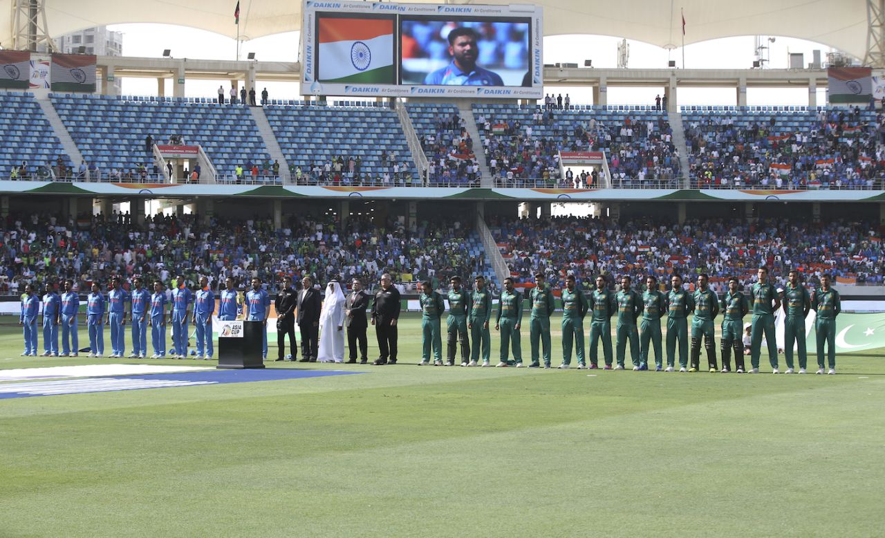 India and Pakistan teams line up for the national anthems, India v Pakistan, Asia Cup 2018, Dubai, September 19, 2018