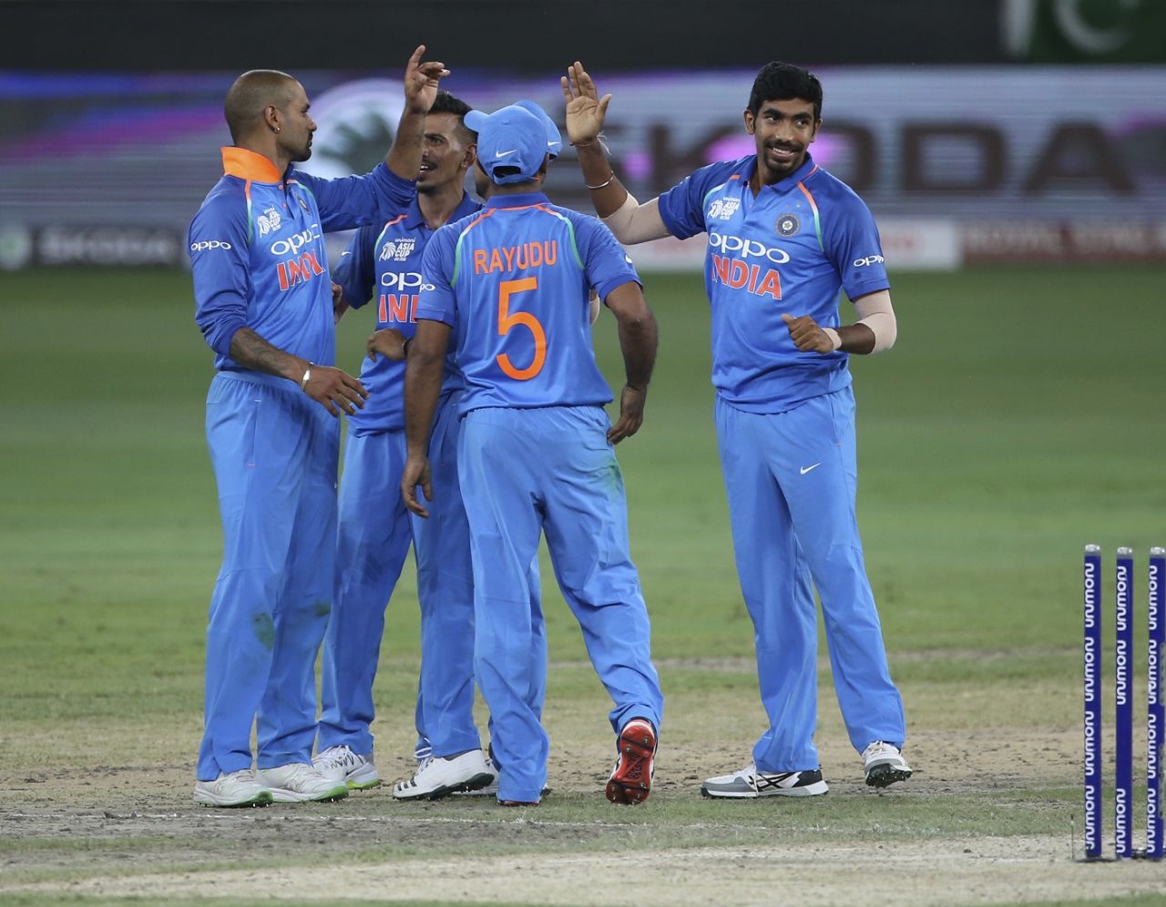 Jasprit Bumrah and the Indian team celebrate after dismissing Pakistan out for 162, India v Pakistan, Asia Cup 2018, Dubai, September 19, 2018
