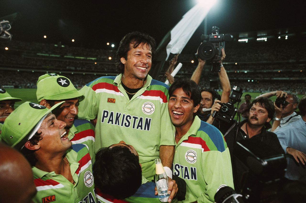Imran Khan is hoisted up by his team-mates after winning the World Cup, England v Pakistan, World Cup final, MCG, March 25, 1992