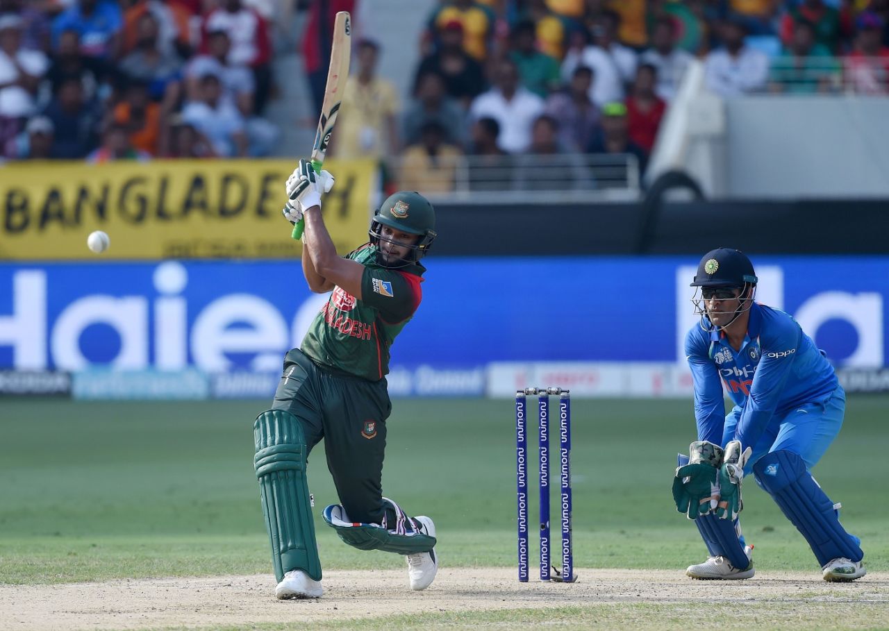 Shakib Al Hasan plays an attacking shot, Bangladesh v India, Asia Cup, Dubai, September 21, 2018