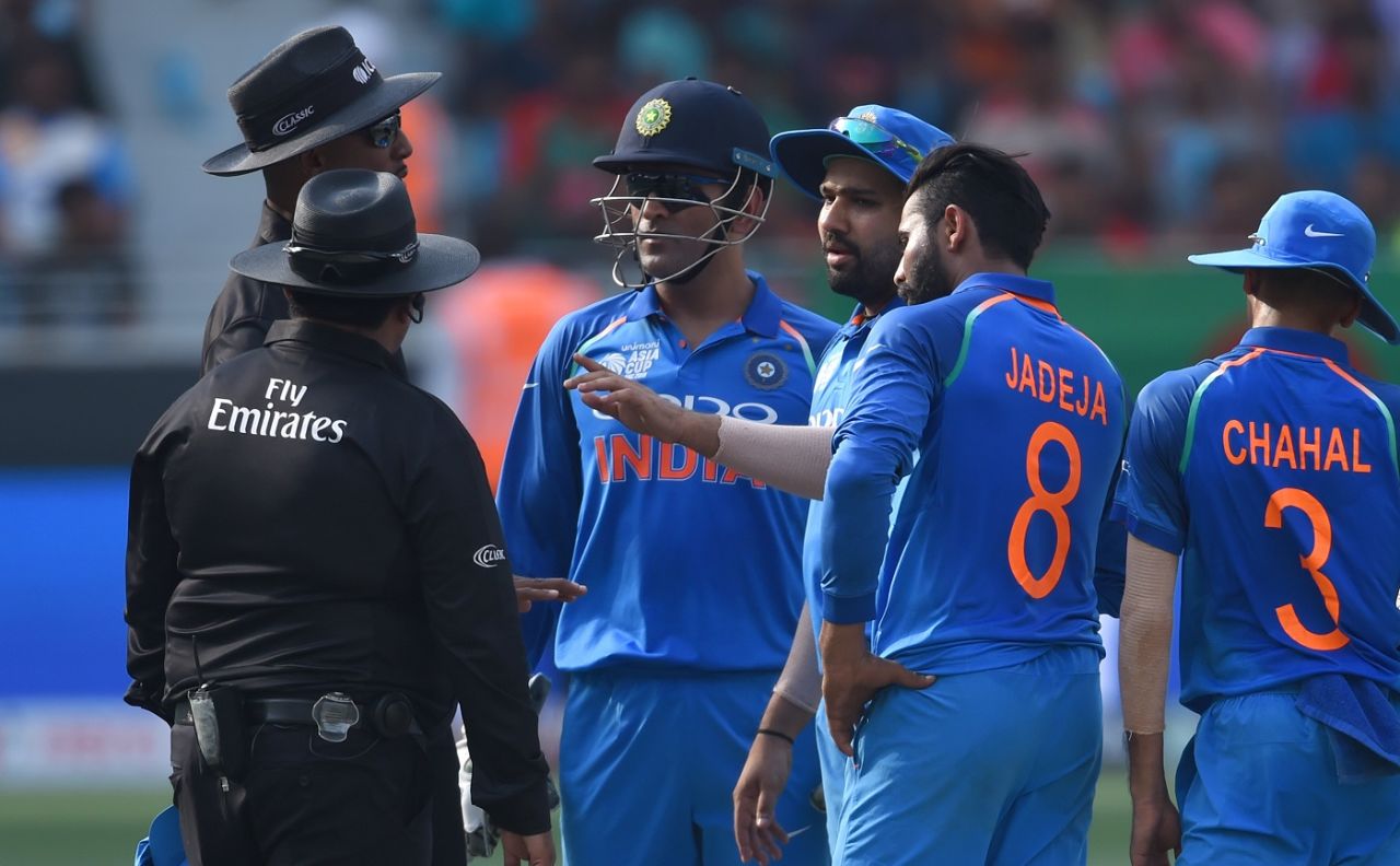 Rohit Sharma seeks clarification from the umpires after a dead-ball call, Bangladesh v India, Asia Cup, Dubai, September 21, 2018