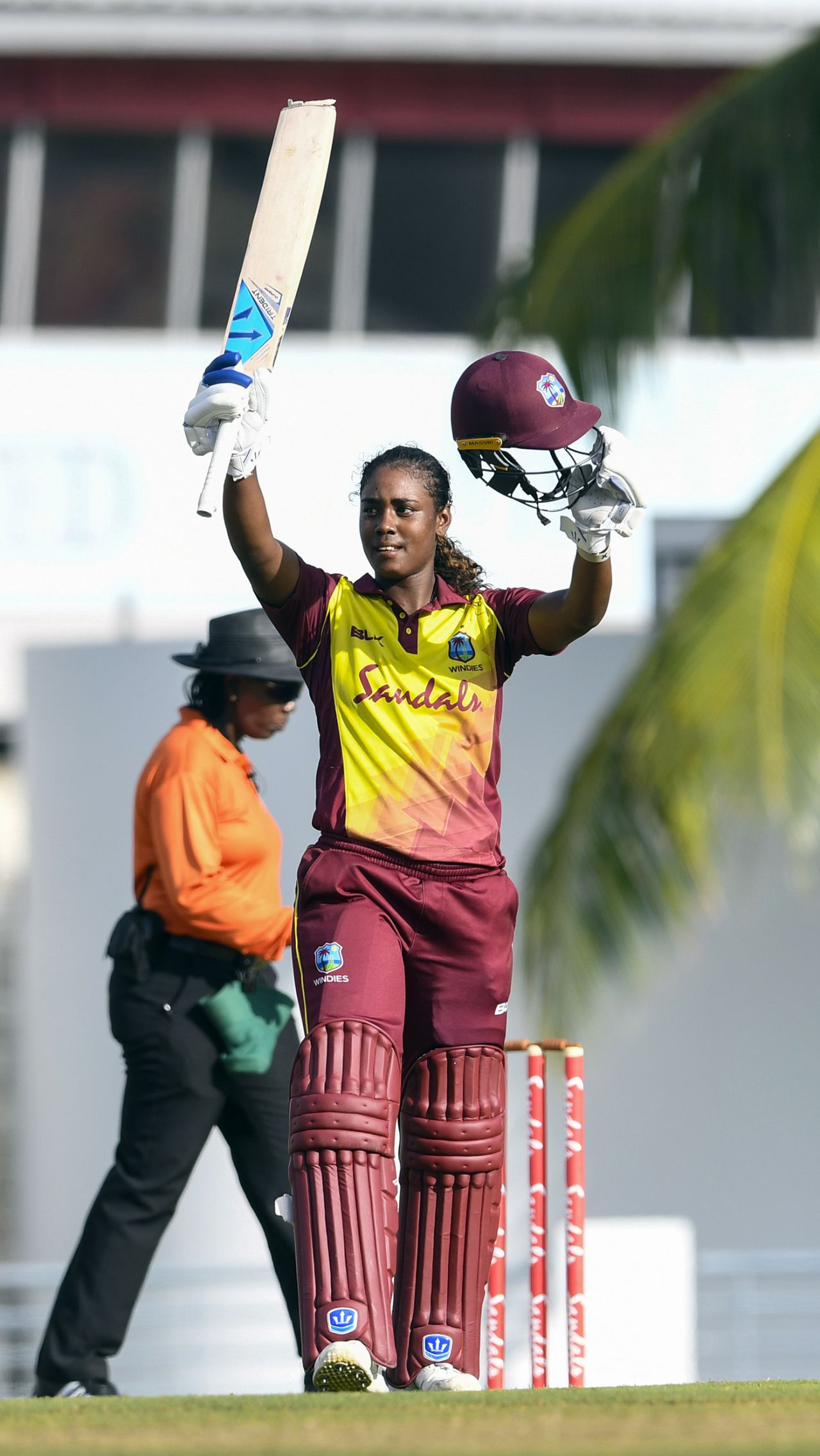 Hayley Matthews celebrates her maiden ODI century, West Indies v South Africa, 3rd women's ODI, Bridgetown, September 22, 2018