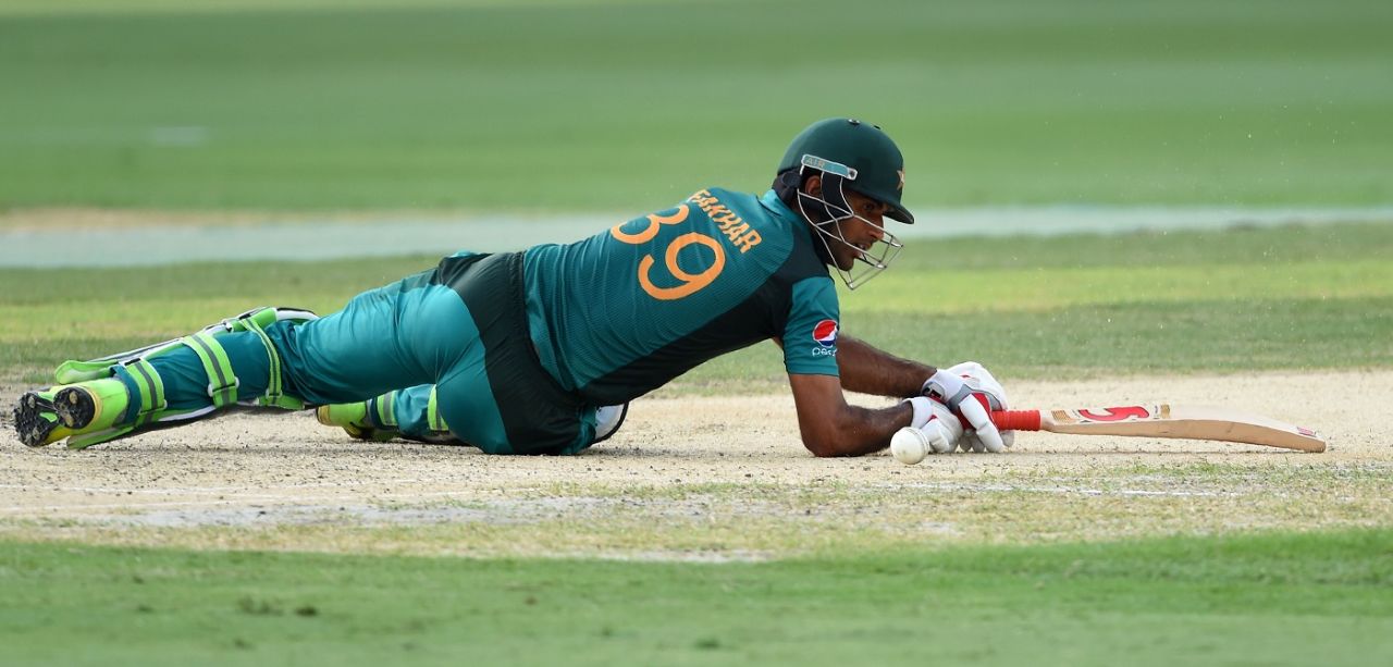 Fakhar Zaman slips and falls over in an attempt to sweep, India v Pakistan, Super Fours, Asia Cup 2018, September 23, 2018