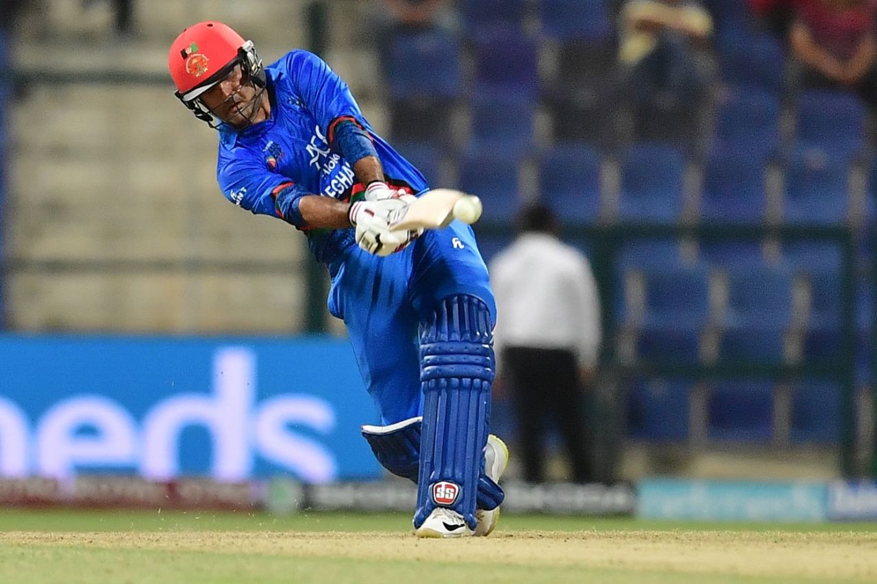 Mohammad Nabi plays an aggressive shot down the ground, Afghanistan v Bangladesh, 4th match, Super Four, Asia Cup 2018, Abu Dhabi, September 23, 2018