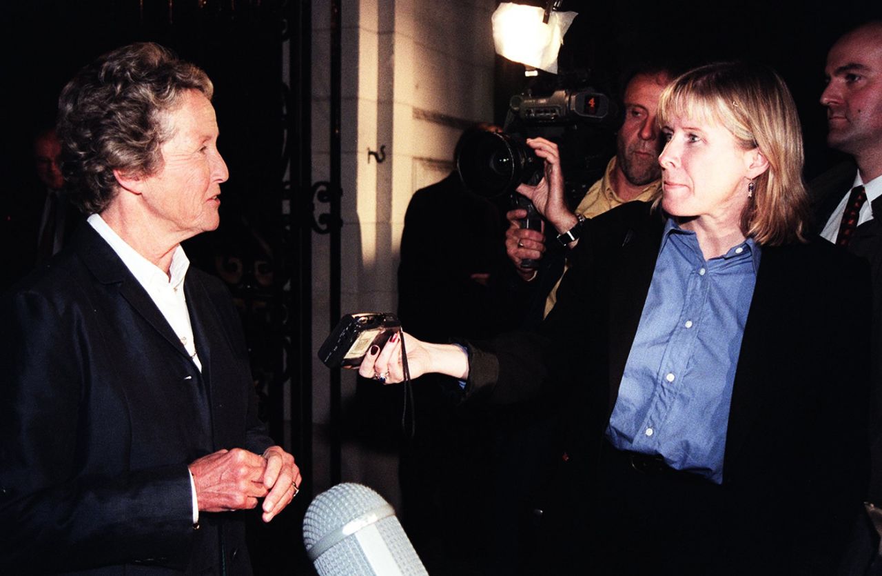 Rachael Heyhoe-Flint talks to press reporters after the MCC voted to admit women members, Lord's, September 28, 1998