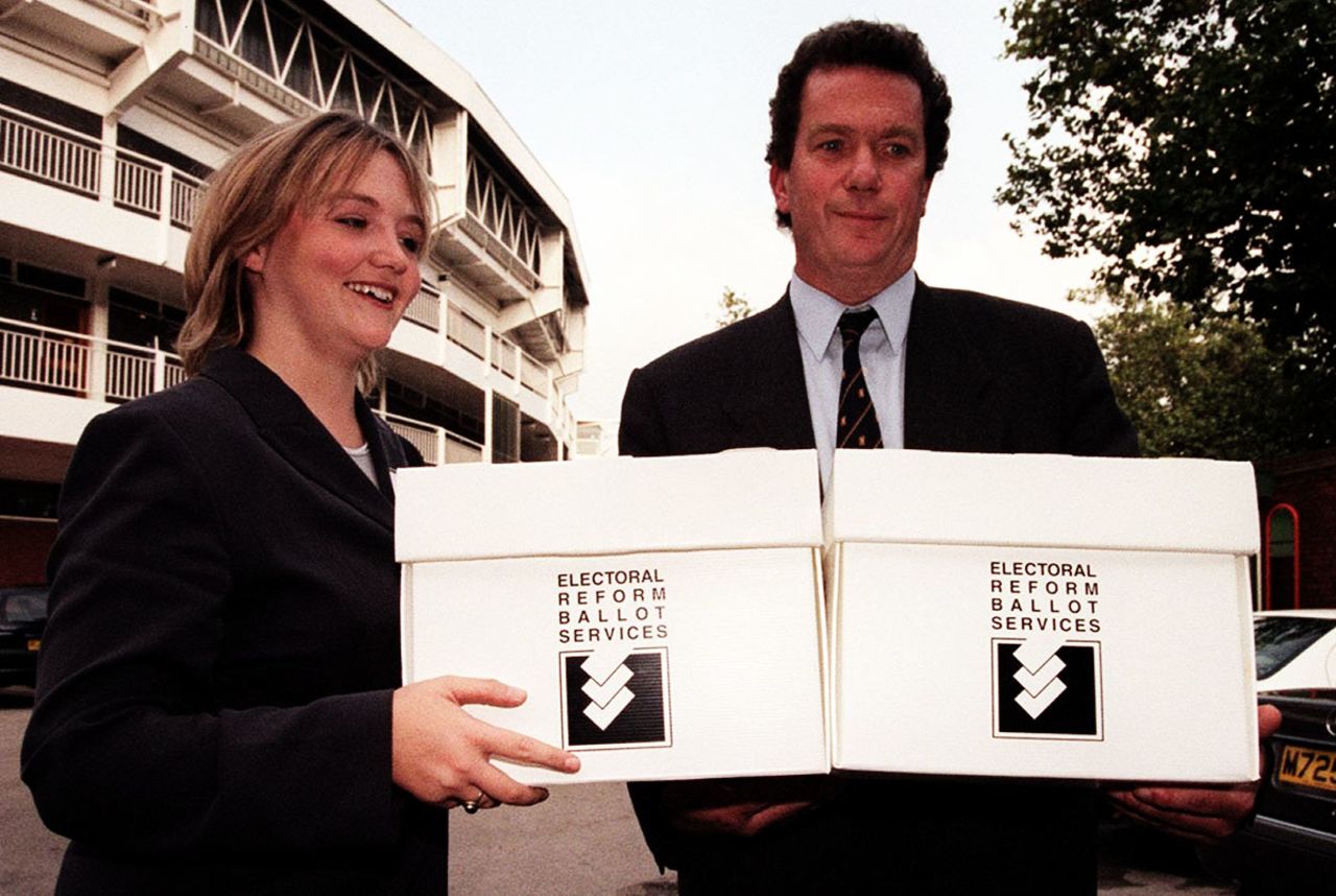 Anthony Wreford, chairman of the working party on women's membership of the MCC, and Julie Broadbent, of the Electoral Reform Society, who will be counting postal votes in the AGM vote on female membership at Lord's, September 28, 1998