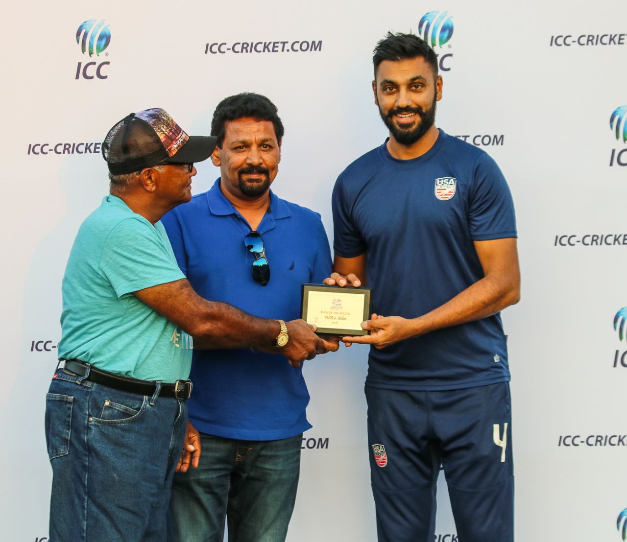 Jaskaran Malhotra accepts the Man of the Match award following USA's win, USA v Belize, ICC World Twenty20 Americas Sub Regional Qualifier A, Morrisville, September 21, 2018