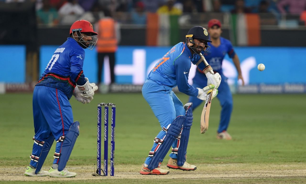 Dinesh Karthik nurdles the ball towards point, Afghanistan v India, Asia Cup 2018, Dubai, September 25, 2018