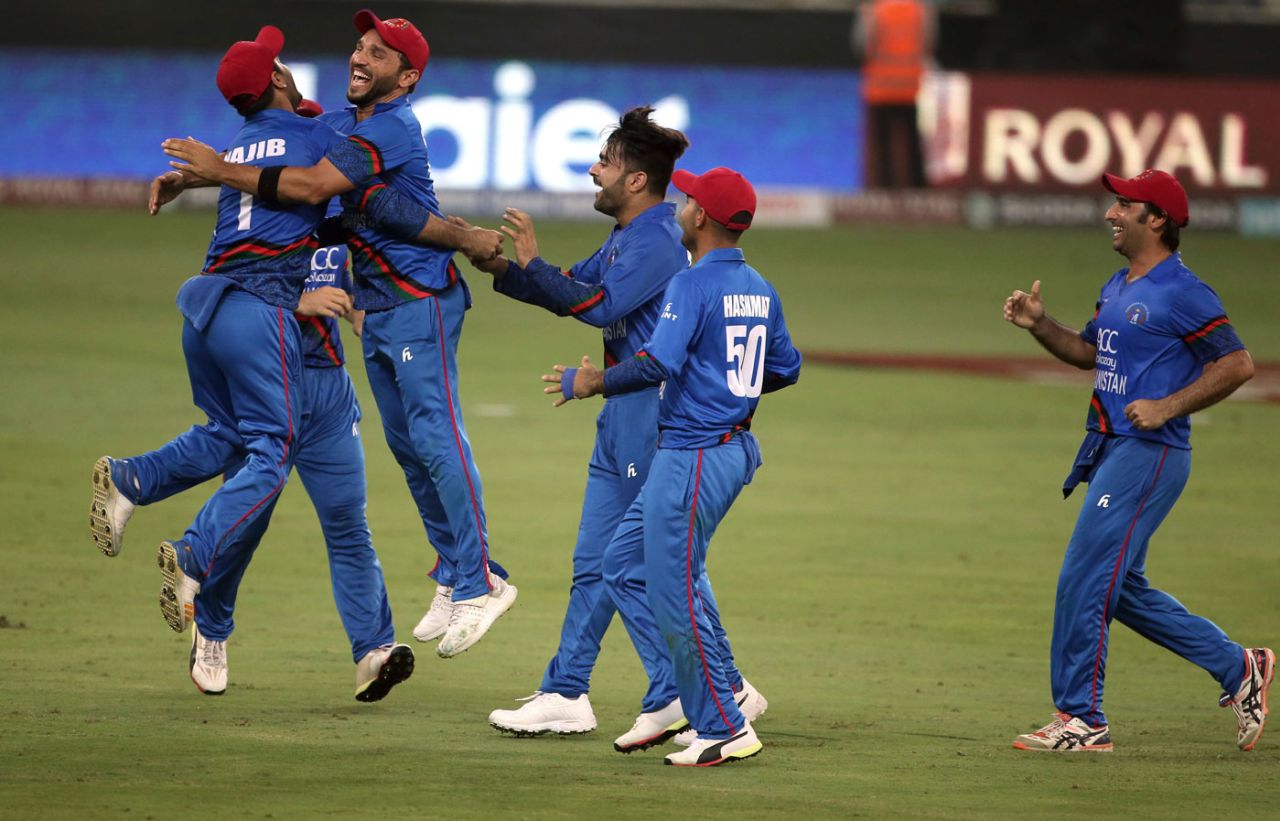 Afghanistan celebrate the moment after sealing a tie, Afghanistan v India, Asia Cup 2018, Dubai, September 25, 2018