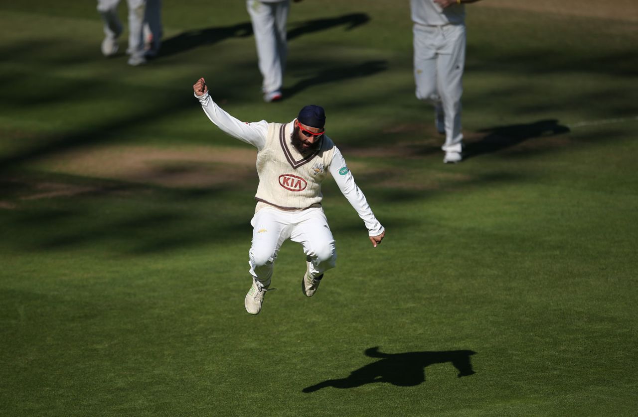 Amar Virdi leaps in jubilation after taking a wicket, Surrey v Essex, County Championship, Division One, The Oval, September 27, 2018