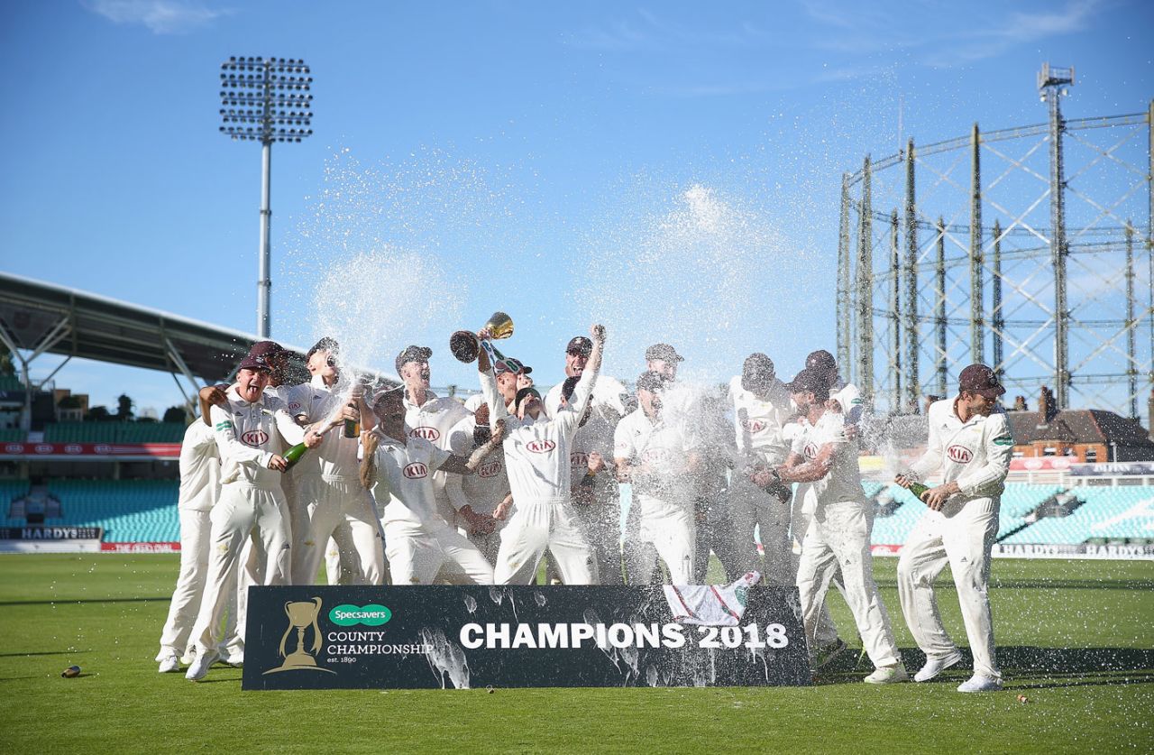 Surrey's players celebrate with the Championship trophy, Surrey v Essex, County Championship, Division One, The Oval, September 27, 2018