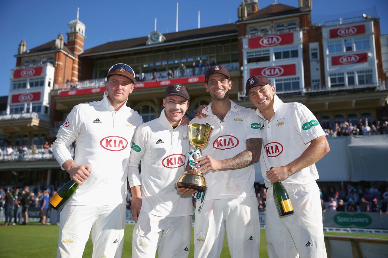 Jason Roy, Rory Burns, Jade Dernbach and Tom Curran pose in front of the pavilion, Surrey v Essex, County Championship, Division One, The Oval, September 27, 2018