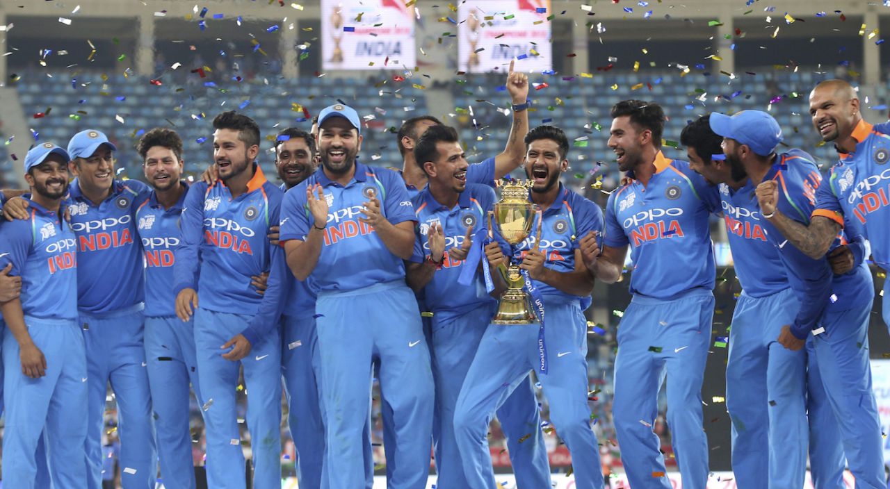 The Indian team celebrates winning the seventh Asia Cup title, Bangladesh v India, Asia Cup final, Dubai, September 28, 2018