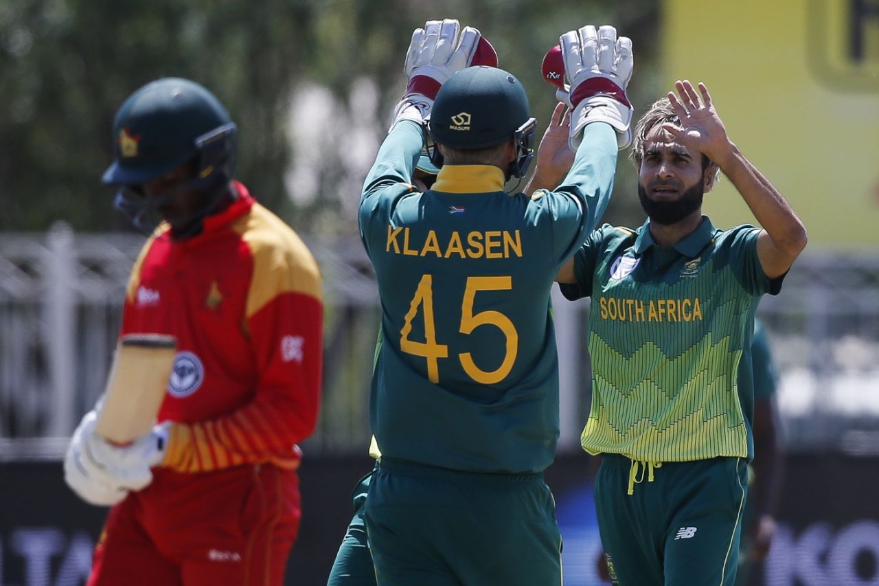 Imran Tahir celebrates a wicket, South Africa v Zimbabwe, 1st ODI, Diamond Oval, September 30, 2018