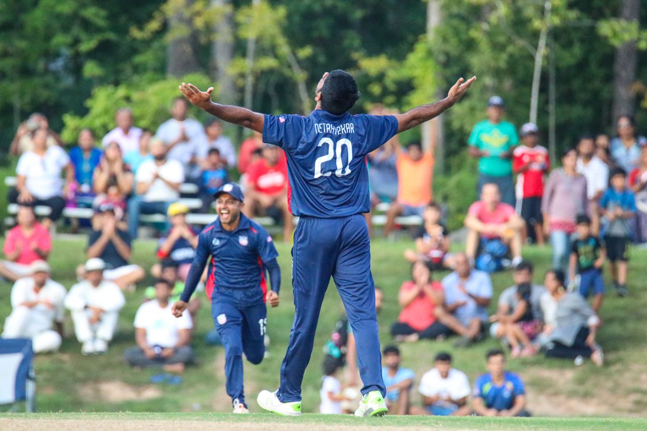 Saurabh Netravalkar celebrates after taking a wicket, USA v Canada, ICC World Twenty20 Americas Sub Regional Qualifier A, Morrisville, September 22, 2018