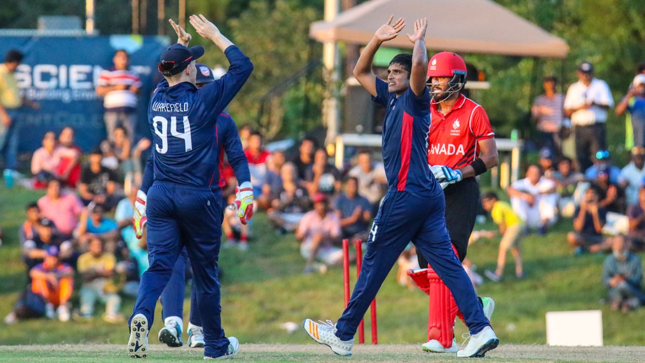 Nosthush Kenjige celebrates after dismissing Nitish Kumar, USA v Canada, ICC World Twenty20 Americas Sub Regional Qualifier A, Morrisville, September 22, 2018