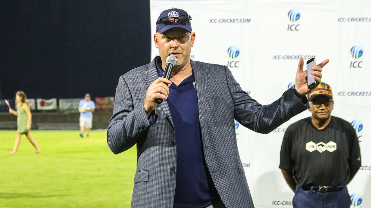 ICC USA project manager Eric Parthen thanks the crowd at Church Street Park, USA v Canada, ICC World Twenty20 Americas Sub Regional Qualifier A, Morrisville, September 22, 2018