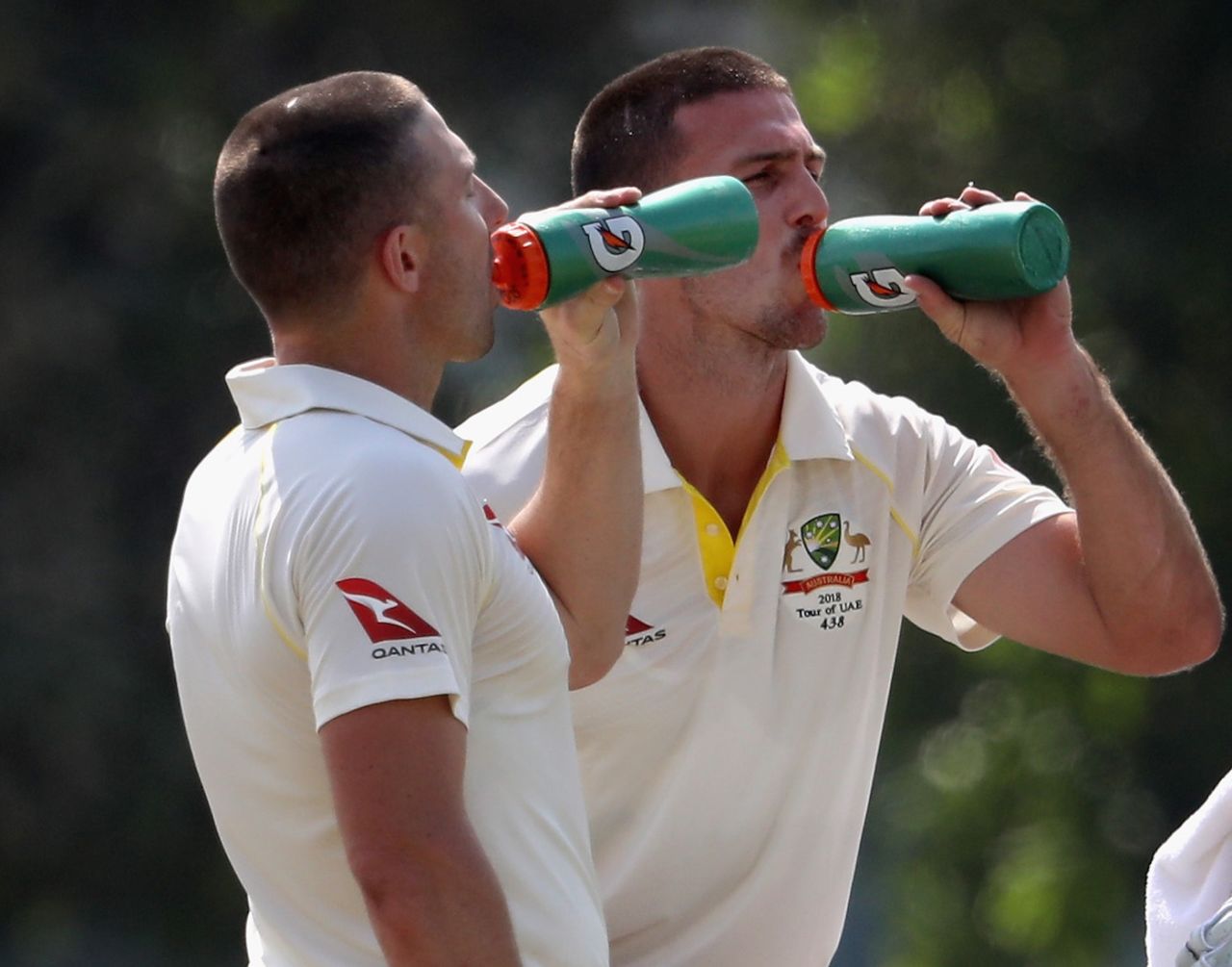 The Marsh brothers, Shaun and Mitchell, hydrate on a hot day, Pakistan A v Australians, 3rd day, Dubai, October 1, 2018