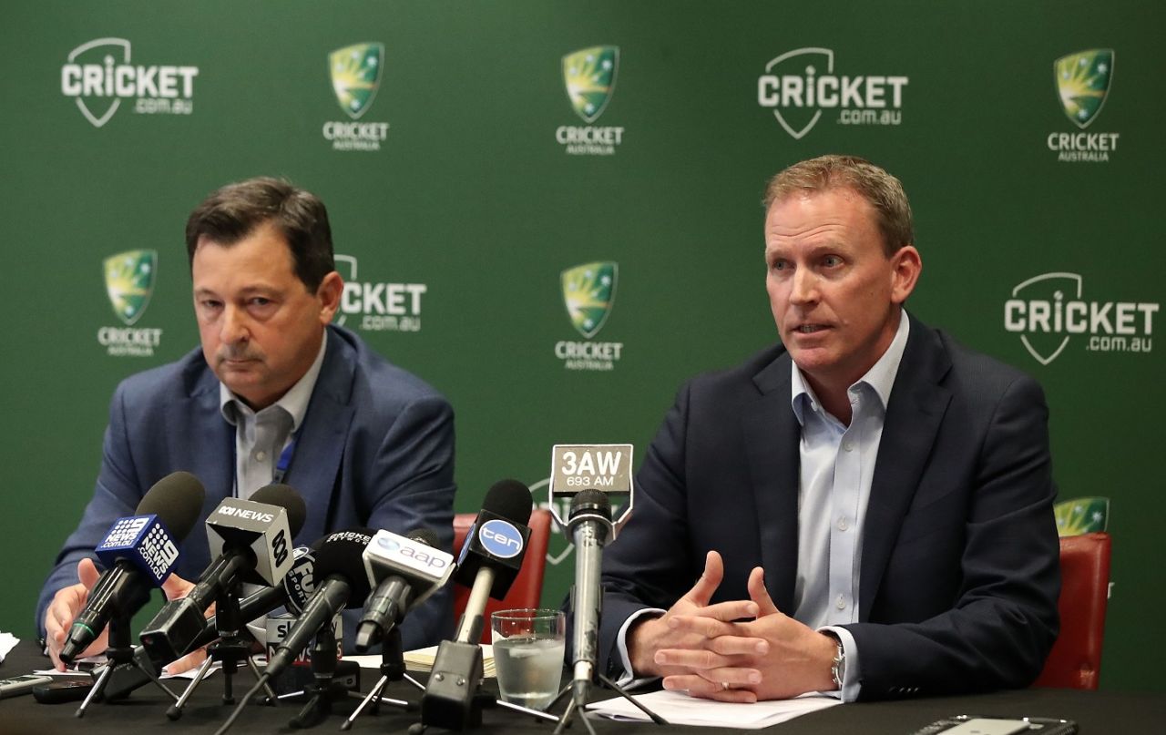 Cricket Australia's new CEO Kevin Roberts and chairman David Peever address the media, Melbourne, October 3, 2018