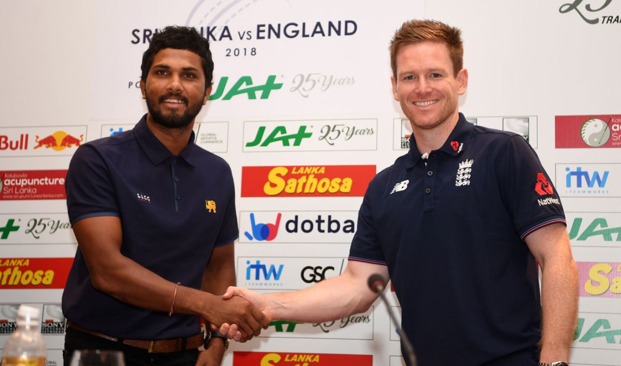Dinesh Chandimal and Eoin Morgan shake hands ahead of the one-day series, Colombo, October 3, 2018