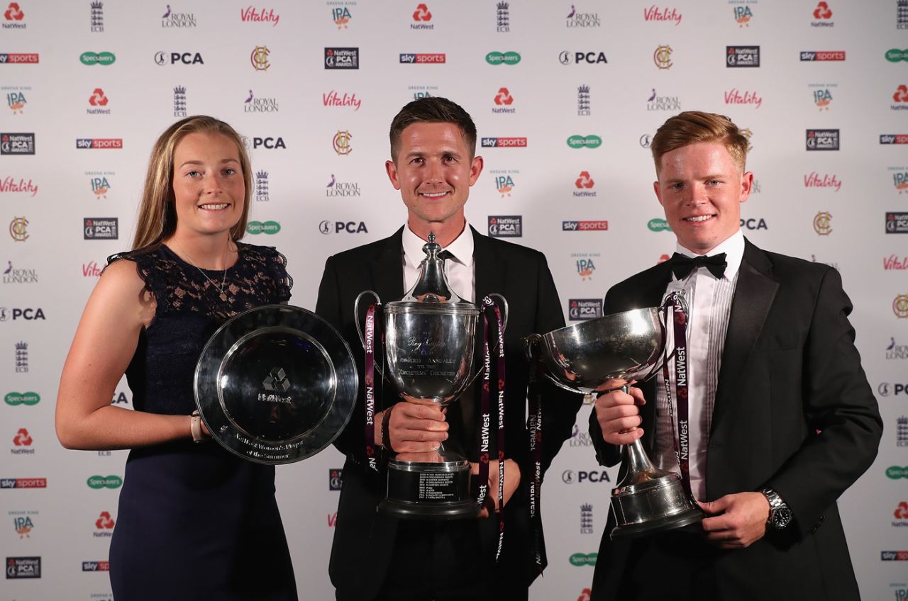 Sophie Ecclestone, Joe Denly and Ollie Pope pose with their PCA awards, London, October 4, 2018